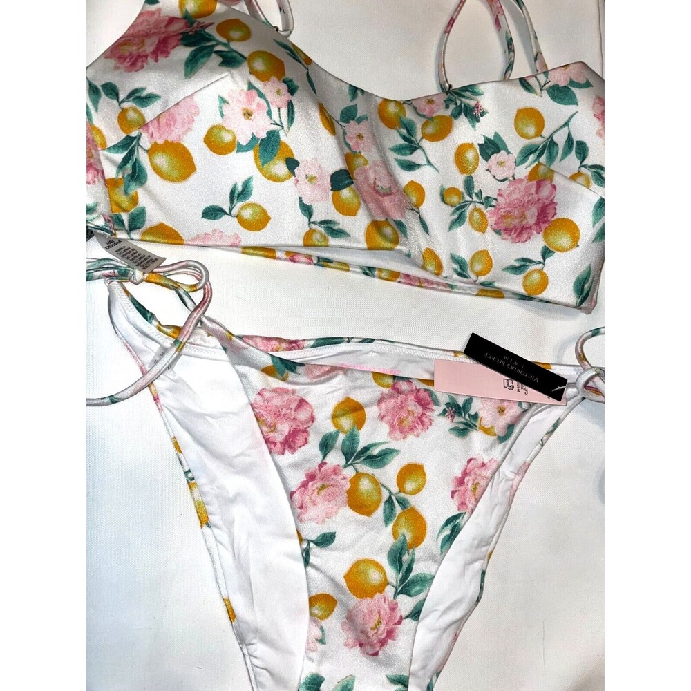 Victoria Secret Top sz L Bikini Bottom M Swim Set 2 pc floral lemon white womens